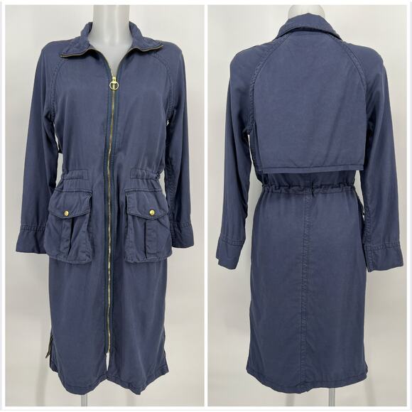 True Religion Biker Trench Coat Womens Small Navy Blue Chambray Zip Duster Midi - Picture 1 of 11